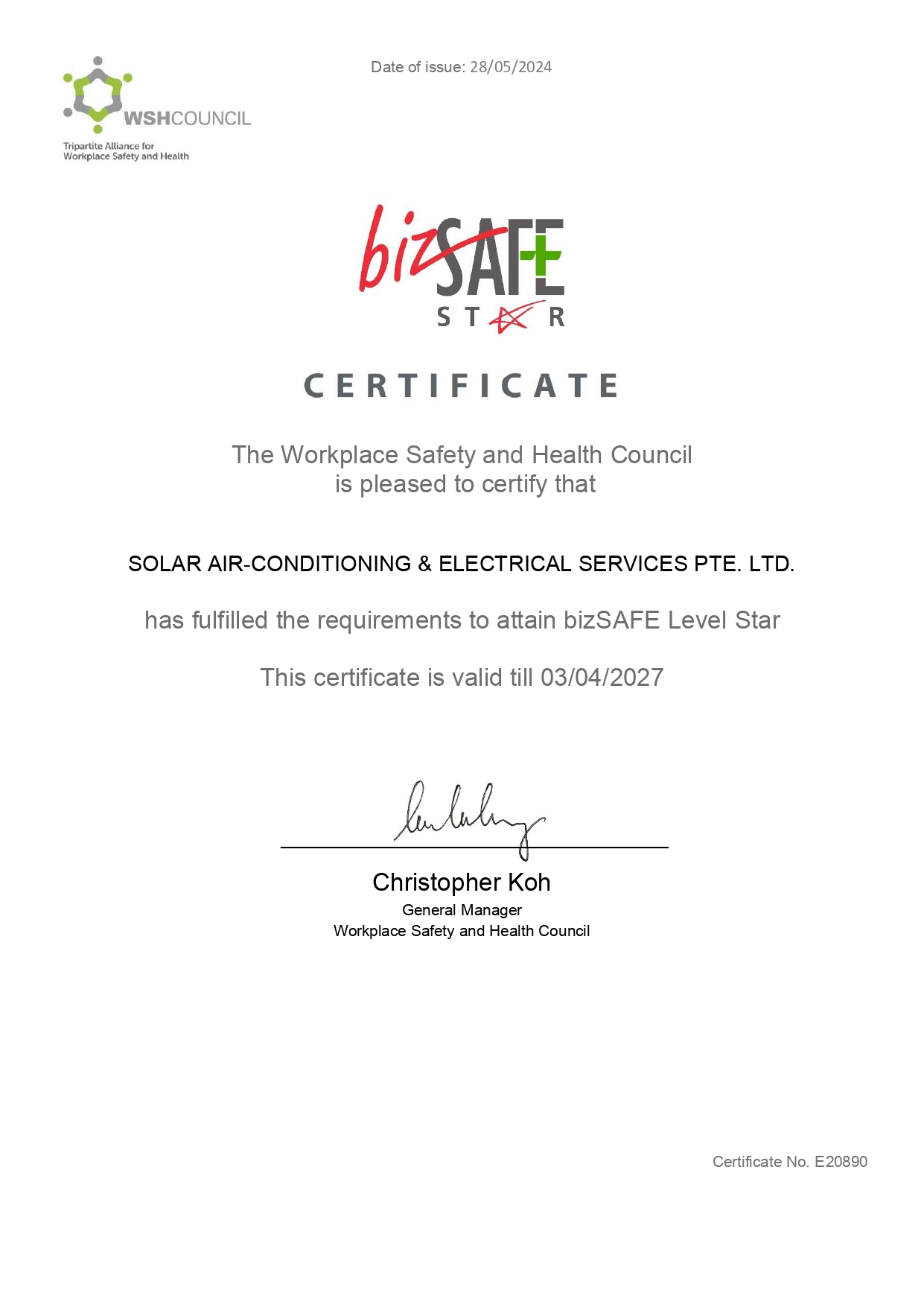 bizSAFE STAR certificate — Solar Air-Conditioning & Electrical Services Pte Ltd Singapore