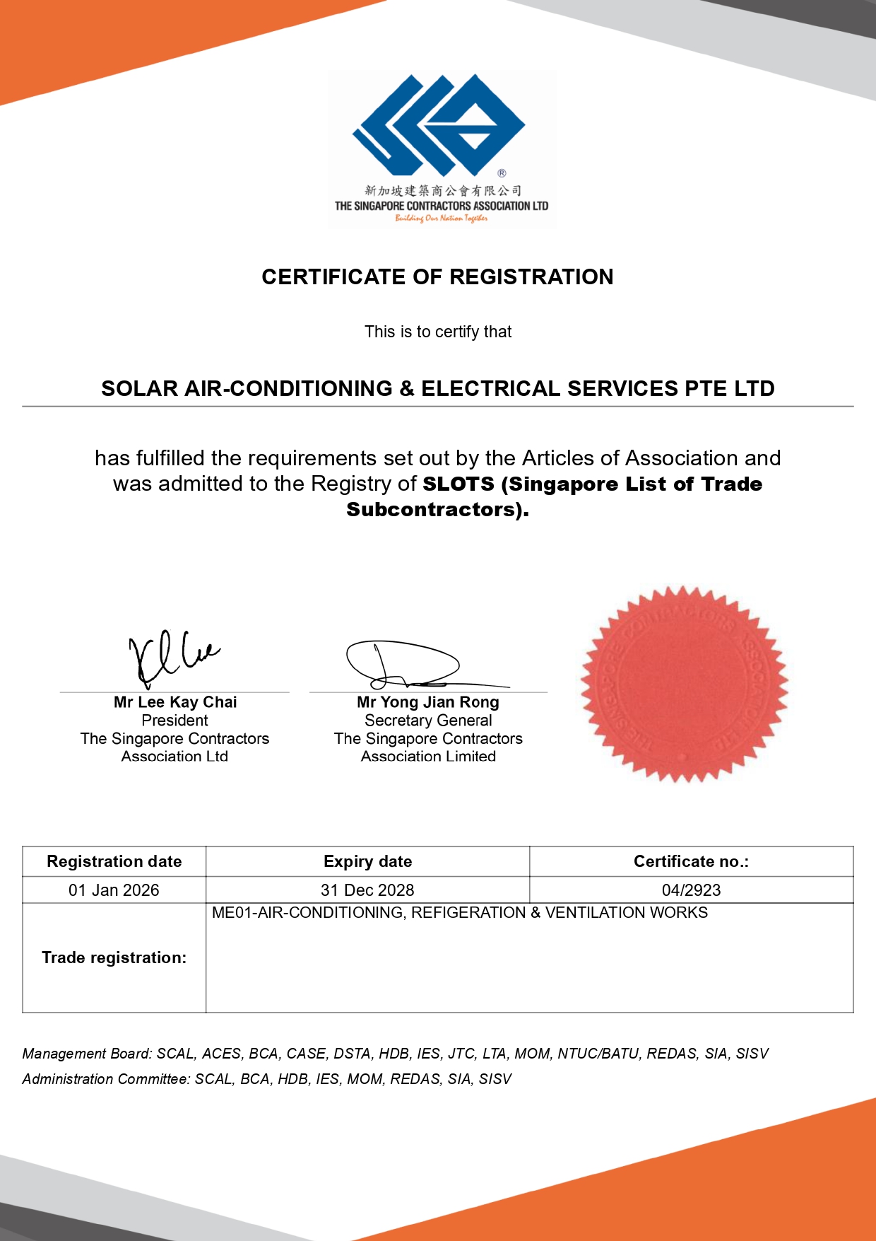 SCAL Registered Contractor certificate 2026 — Solar Air-Conditioning Electrical Services Singapore