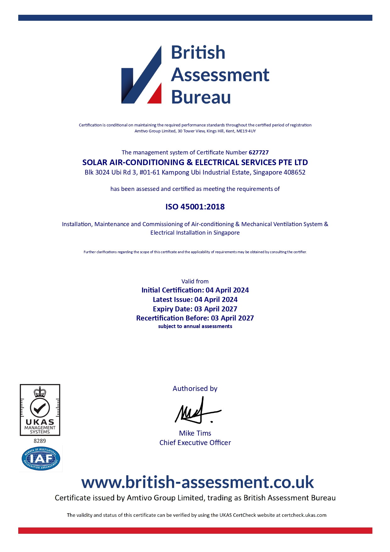 ISO 45001 certificate — Solar Air-Conditioning & Electrical Services Pte Ltd Singapore